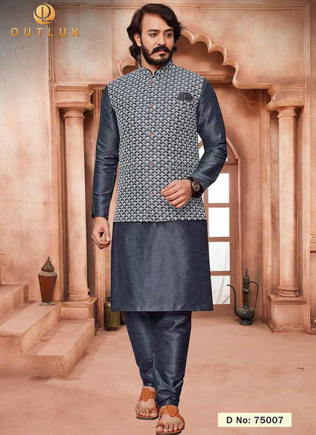 Dark Gray Colour Outluk Vol 75 Latest Designer Festive Wear Kurta Pajama With Jacket Collection 75007